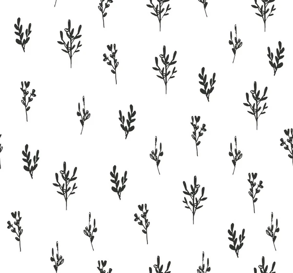 花の要素と手描きベクトルシームレスパターン 白地に黒の枝を手描き ファブリック インテリアデザインのためのシンプルな植物パターン — ストックベクタ