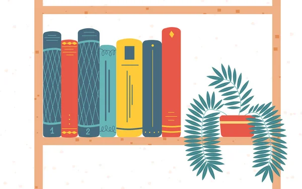 Bücher Stehen Regal Bunte Komposition Mit Büchern Und Blumentopf Vektor Stockillustration