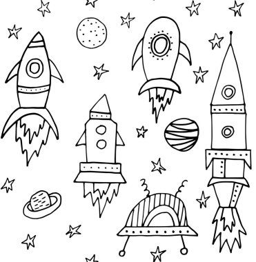 Siyah ve beyaz kozmik vektör kusursuz desen. Erkek bebek tasarımı için roket dokusu. Kapaklar, duvar kağıdı, ambalaj kağıdı, kumaş ve diğer çocuk tasarımları için el çizimi unsurları olan sevimli desen