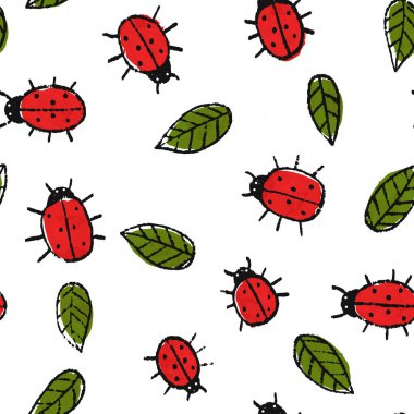 Cute summer pattern with hand drawn ladybugs and leaves. Creative surface design for textile, backgrounds, prints, packages and kids designs