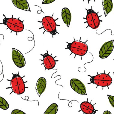 Cute summer pattern with hand drawn ladybugs and leaves. Creative surface design for textile, backgrounds, prints, packages and kids designs