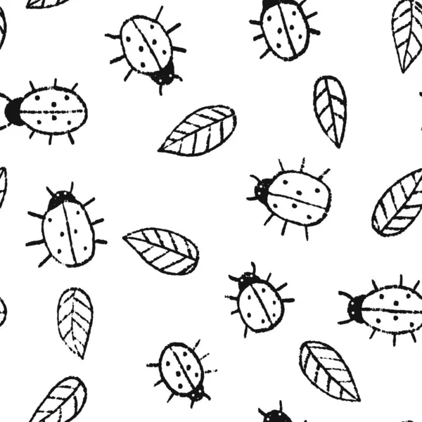 Cute Summer Pattern Hand Drawn Ladybugs Leaves Creative Black White — ストックベクタ