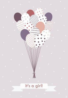 Vektör illüstrasyon, geometrik desenli uçan balonlar ve kelimelerle kurdele. Bir kız. Bebek partisi, afişler, tebrik kartları, davetiyeler ve diğer tasarım ürünleri için hoş bir ihale kompozisyonu