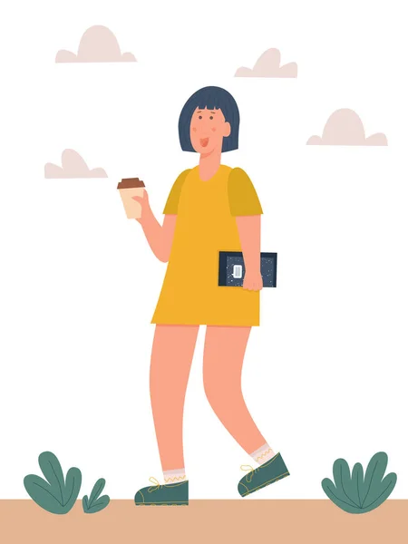 Ilustracja Wektora Młoda Dziewczyna Chodząca Książkami Filiżanką Kawy Drugiej Ręce — Wektor stockowy