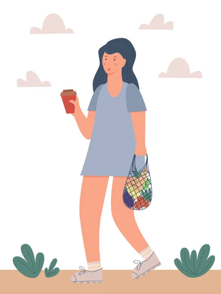 Ilustracja Wektora Młoda Kobieta Chodząca Eko Torbą Pełną Warzyw Filiżanką — Wektor stockowy