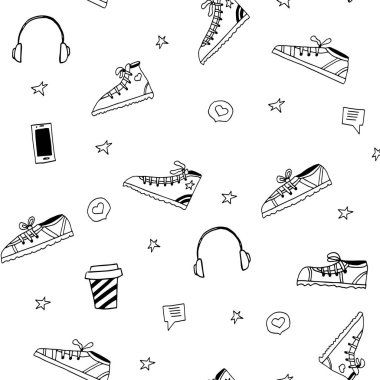 Spor ayakkabıları, kulaklıkları, kahveleri, akıllı telefonları olan modaya uygun bir model. Tekstil, baskı, arka plan ve diğer tasarımlar için modern siyah ve beyaz desen