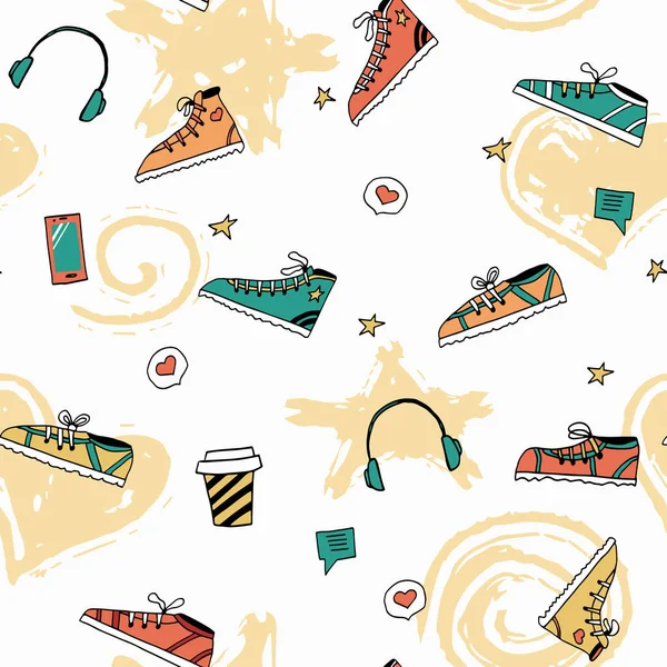 Trendy Vector Seamless Pattern Sneakers Headphones Coffee Likes Smartphones Modern — Stockvector