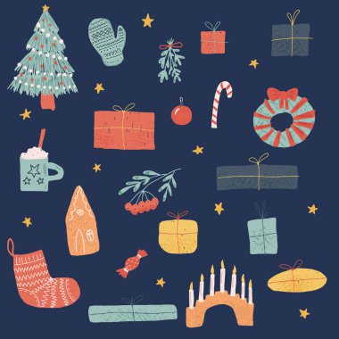 Renkli el çizimi Noel seti. Dekorasyon, desen ve tasarım için dokuları olan basit elementler. Minimalist şekil ve renkler