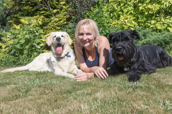 Smiling woman with dogs on the lawn — Stock Photo, Image