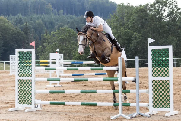 光茶色の馬でジャンプ中に騎手 — ストック写真