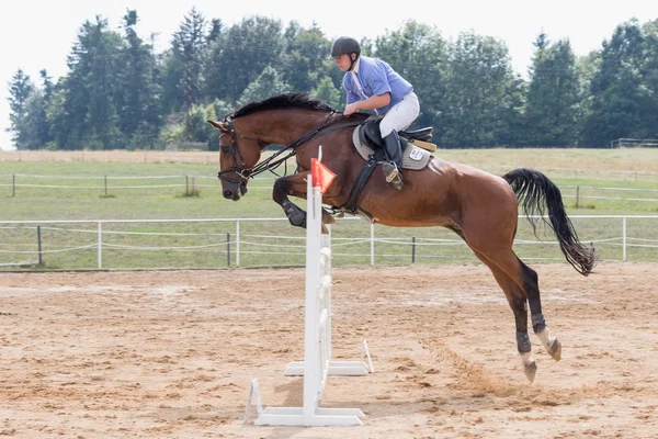 Salto em comprimento sobre um obstáculo na competição equestre — Fotografia de Stock