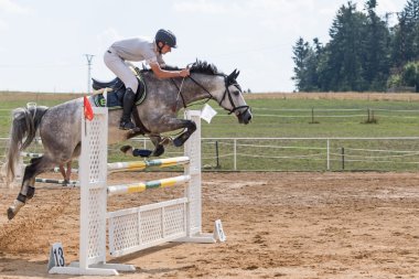 Meşin bir at atlama Süvari yan görünüm 