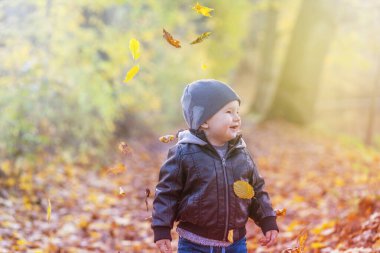 Gülümseyen küçük çocuk açık havada düşen sonbahar yapraklarını görüyor. Fotoğraf yumuşak ışık sonbahar renklerinde.