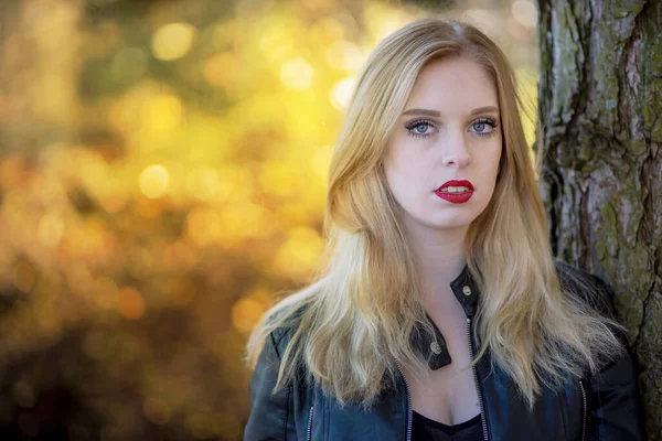 Attractive Long Hair Girl Red Lips Posing Autumn Park Horizontally — Stock Photo, Image