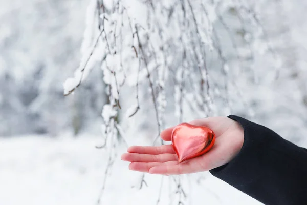 Female Holding Red Heart Her Palm Snowy Winter Day — Stock Photo, Image