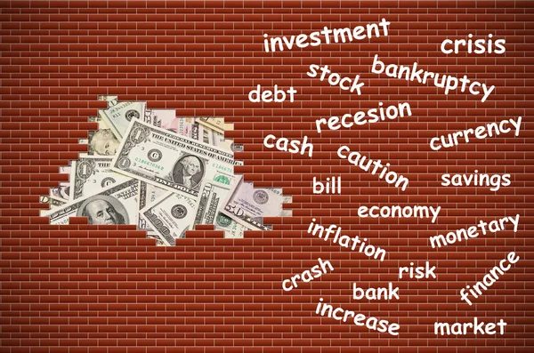 Ekonomické Problémy Koncept Zobrazující Dolarové Bankovky Díře Cihlové Zdi Vodorovně — Stock fotografie