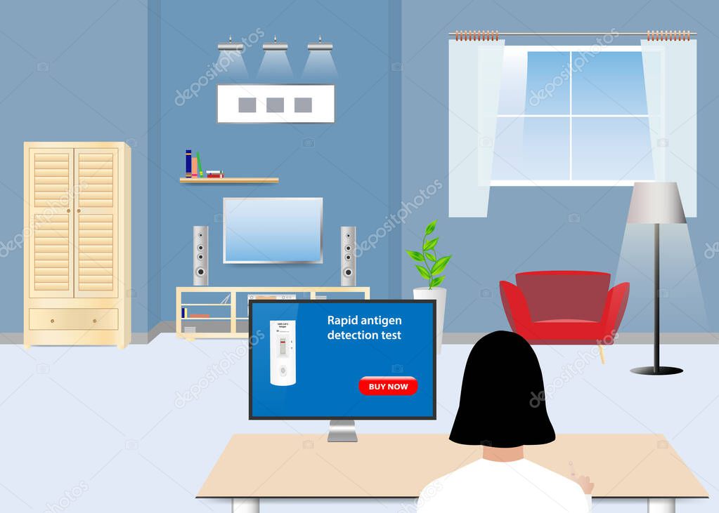 Buying rapid covid-19 tests concept vector. Woman is buying test by PC sitting in a home.