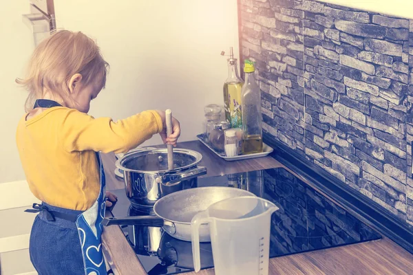 Cute Little Boy Cooking Kitchen Horizontally — Stock Photo, Image