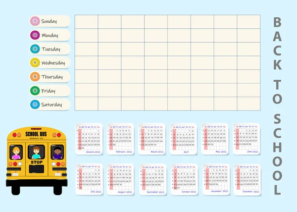 Planificateur Hebdomadaire Scolaire Montrant Calendrier Clair Pour 2022 Année Autobus — Image vectorielle