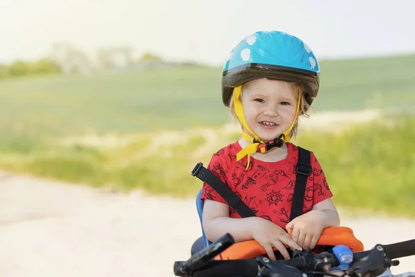 Smiling Little Boy Safety Helmet Head Posing Bicycle Seat All — Stock Photo, Image