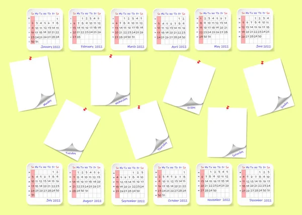 Weekly Planner Blank Stickers Calendar 2022 Year Yellow Background Week — Stock Vector