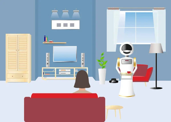 Utilisation Robots Dans Concept Maison Avec Une Femme Assise Sur — Image vectorielle