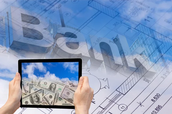 The floor plan of a house blueprint with bank sign — Stock Photo, Image