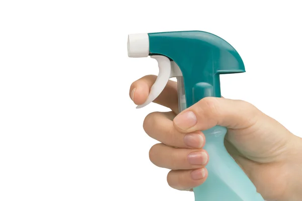 La mano femminile tiene isolato un detergente per la pulizia . — Foto Stock