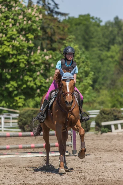 Jonge Amazone op het bruin paard — Stockfoto