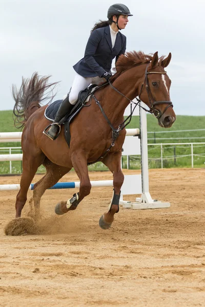 Zijaanzicht van de Amazone op een bruin paard sluiten — Stockfoto