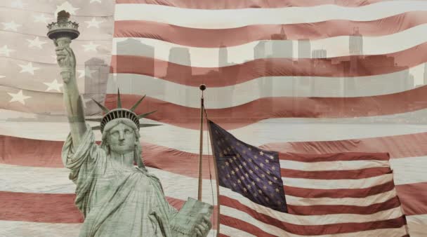 Collage-Aufnahmen von Lady Liberty, amrican flag und lower manhattan — Stockvideo