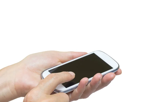 Weibliche Hand berührt Smartphone isoliert auf dem weißen — Stockfoto