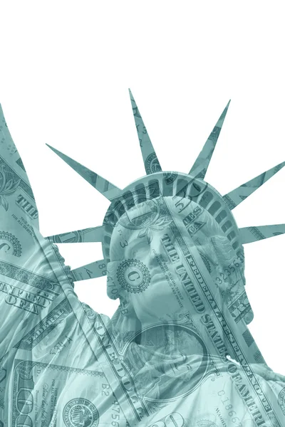 Lady Liberty and US dollar bills — Stock Photo, Image