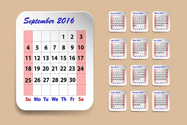 Kalender für September 2016 — Stockvektor