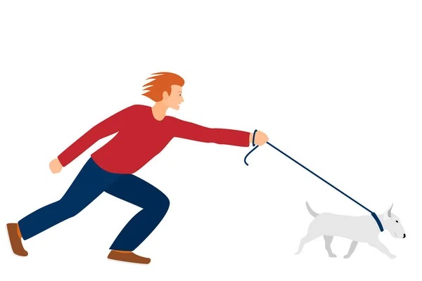 和狗一起训练 和你的宠物一起散步一只强壮的狗牵着一个年轻人的皮带 在白色上孤立的扁平的矢量 — 图库矢量图片