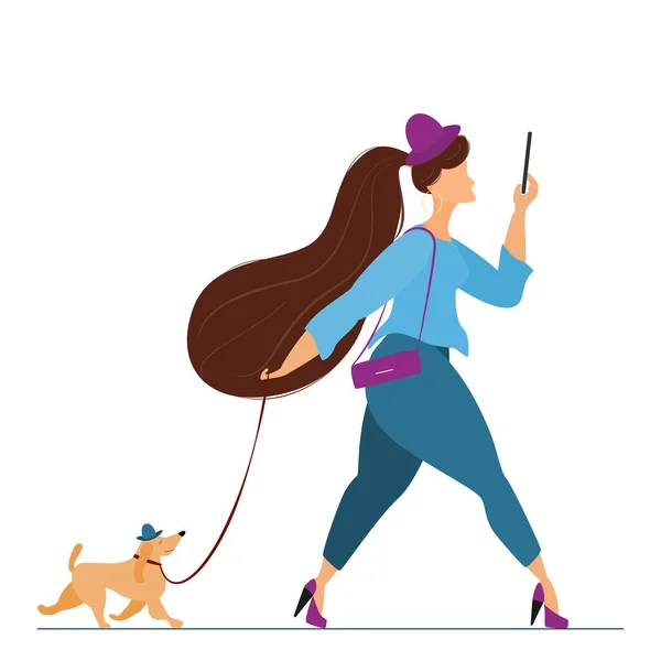 Une Femme Marche Rapidement Parle Sur Smartphone Marcher Chien Laisse — Image vectorielle