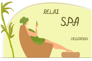 Kadın kaplıcada dinleniyor. Kozmetik ameliyatlarından sonra kız bitkisel bir içecek içiyor. Vücut sağlığı, sağlık ve güzellik hizmetleri. Düz bir biçimdeki vektör.