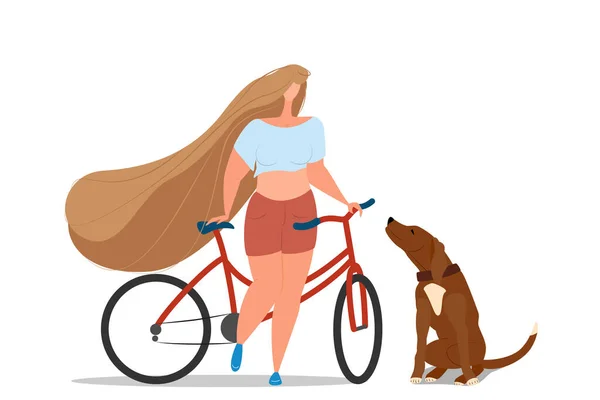 Una Chica Gorda Está Parada Junto Una Bicicleta Con Perro — Vector de stock