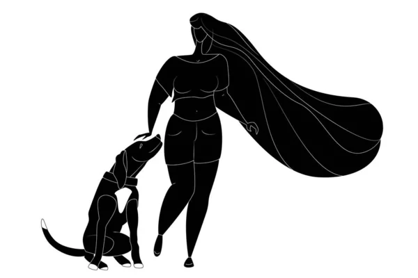 Una Mujer Entrena Perro Silueta Amistad Con Una Mascota Silueta — Vector de stock