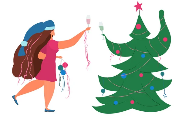 Het Meisje Viert Kerstmis Met Een Dennenboom Tijdens Quarantaine Een — Stockvector