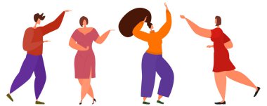 Aktif insanlar neşeyle dans eder. Beyazda izole edilmiş. Düz bir biçimdeki vektör.