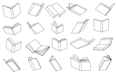 Vektör simgeleri kümesi. Kitap ana hatlarıyla açıldı. Beyazda izole edilmiş. Farklı açılardan sayfalar içeren kitap.