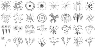 Ana hatlarıyla havai fişekler. Beyaz üzerine izole edilmiş vektör simgeleri kümesi. Havai fişekler için karmaşık bir form.