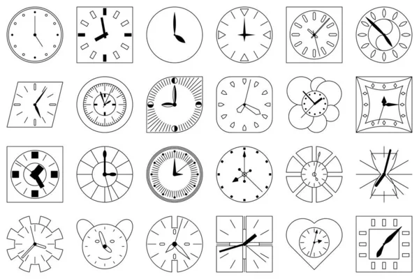 Farklı şekillerde duvar saatleri var. Beyaz üzerine izole edilmiş taslak biçiminde vektör simgeleri. Saatler, dakikalar, saniyeler boyunca ellerinle çevir..
