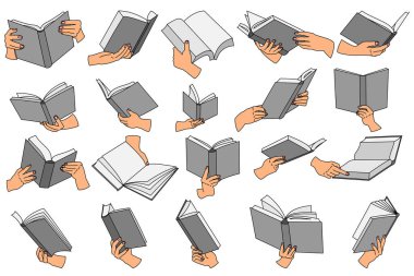 Elindeki kitabı aç. Beyaz üzerine izole edilmiş düz bir şekilde vektör simgeleri kümesi. Kütüphane tasarımı, kitapçı, çevrimiçi öğrenim.