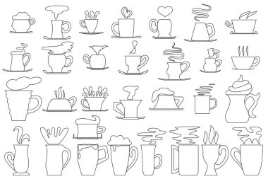 Bir kupa ve bir bardak sıcak içecek. Beyaz, dış hat biçiminde izole edilmiş vektör simgeleri. Kahve için fincan ve çay fincanı, çikolata, süt..