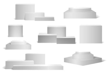 Sunumlar, sergiler için ürün podyumu seti. Gri kürsü, beyaz tenli, gerçekçi bir podyum. Yuvarlak ve dikdörtgen elementlere sahip katmanlı tasarım.