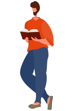 Sakallı bir adam ayakta duruyor ve kitap okuyor. Karakter iki elinde de açık bir kitap tutuyor. Rahat bir pozisyonda. Beyaz üzerine izole vektör, biçim düz.