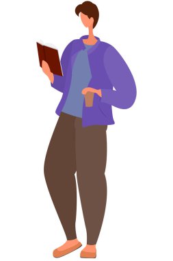 Kişi ayağa kalkar ve bir elinde açık bir kitap, diğer elinde içki olan bir bardak tutar. Bir adam yürüyor ve kitap okuyor. Biçimlendirilmiş vektör illüstrasyonuName.