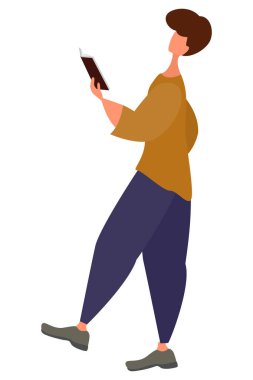 Karakter bir kitap okuyor ve gülüyor. Bir adam elinde açık bir kitapla özgür bir konumda duruyor. Biçimlendirilmiş vektör illüstrasyonuName.